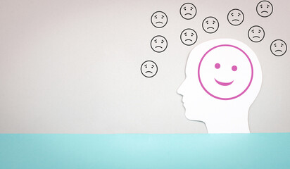 Head with a happy smiling  face surrounded by sad people , mental health concept, positive and negative attitude, influenced by people