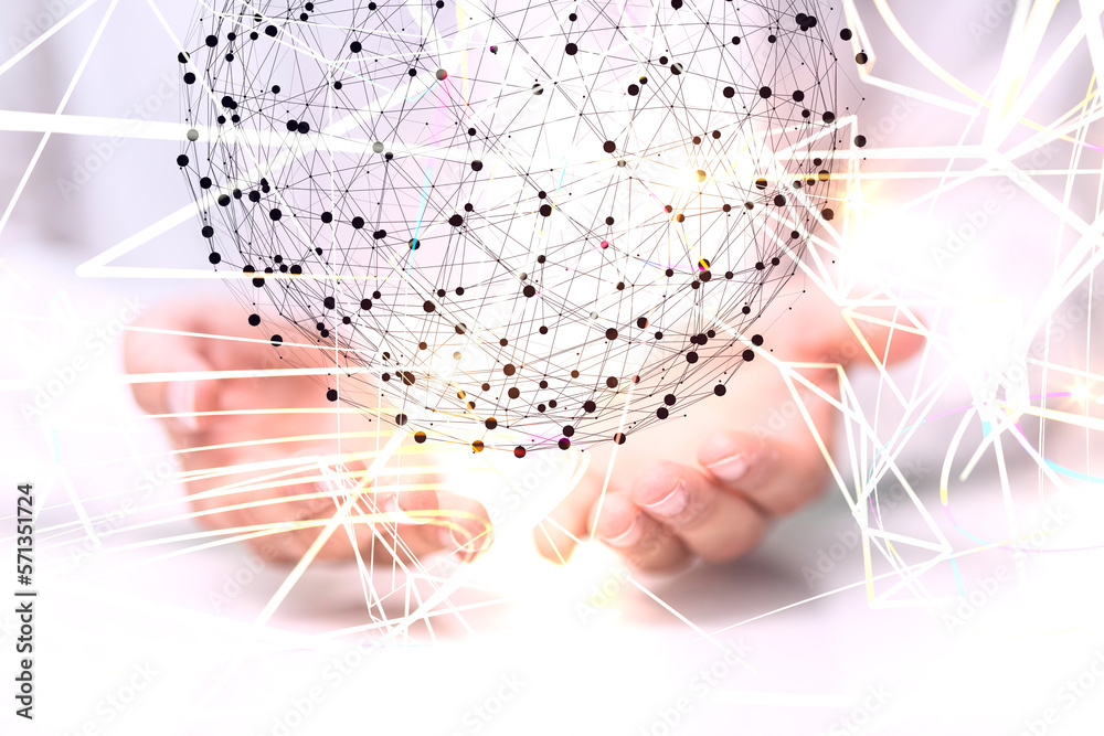 Poster Neural network 3D illustration. Big data and cybersecurity