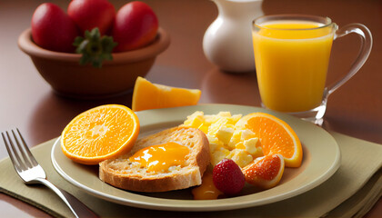 Fototapeta na wymiar A hearty breakfast of toast, scrambled eggs, fresh fruit and orange juice generative AI