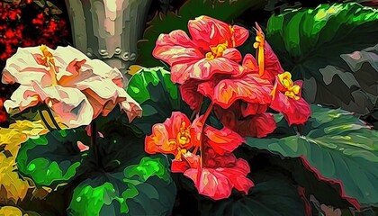 a digital painting of flowers and leaves in a flower bed with a vase in the background and a red and yellow flower in the foreground.  generative ai