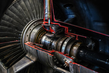 Older Russian helicopter from 80s era motor turboshaft or engine cut through detail - displayed at weapons exhibition © Lubo Ivanko