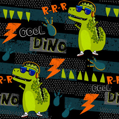 Grunge seamless pattern with cool dinosaur on dark background