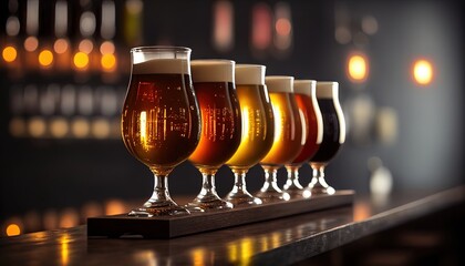 Draft beer in glasses on the bar stand in a row, the background of the blur bar. Generative AI.