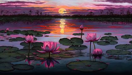 Fototapeta na wymiar a painting of water lilies in a pond with the sun setting in the background and a full moon in the sky above the water. generative ai