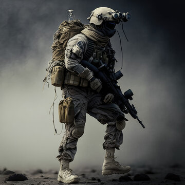 soldier walking with rifle and fully equipped with tactical gear uniform,  full body shot