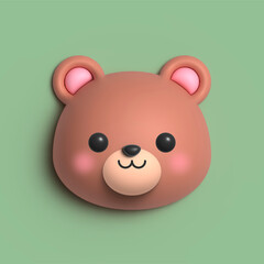 3D rendering cute animal brown teddy bear head isolated on pastel background suitable for use as icon, avatar, Christmas toy poster