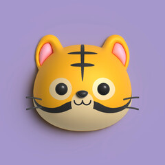 3D rendering cute animal tiger head isolated on pastel background suitable for use as icon, avatar