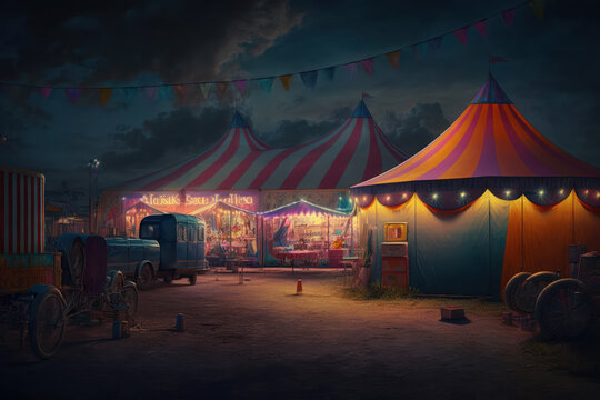 A big and famous bright and colorful circus with an amusement park, trailers, trucks and motorhomes. AI generated illustration.