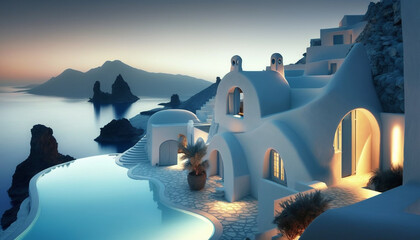 Modern cycladic architectural villa on Santorini island - obrazy, fototapety, plakaty