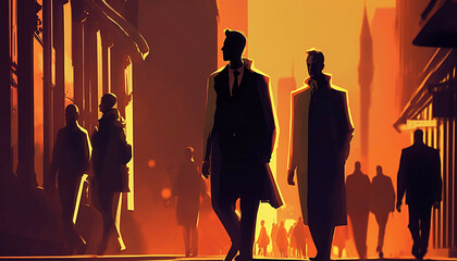 business people walking on urban city street at sunrise sunset, abstract style new quality creative financial business stock image illustration design, Generative AI