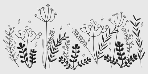 painted plants in vintage and doodle style