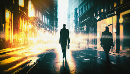 Obraz premium young business man in suit walking on urban city street at sunrise sunset, abstract style new quality creative financial business stock image illustration design, Generative AI