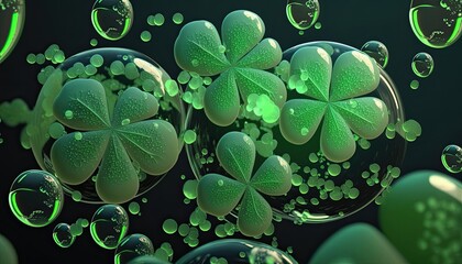 Beautiful Festive background with shining clover shamrocks 3D Rendered. Floating St. Patrick's Day background. Ai Generated