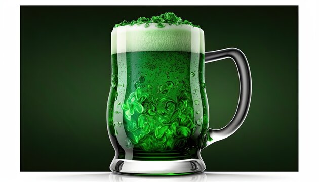 Glass of green beer with shamrock and Foam on table, st patricks day concept. Ai Generated