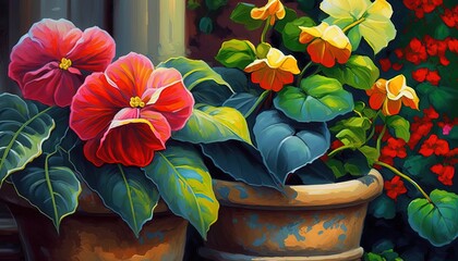  a painting of a potted plant with red and yellow flowers and green leaves in front of a window with red and yellow flowers in the background.  generative ai