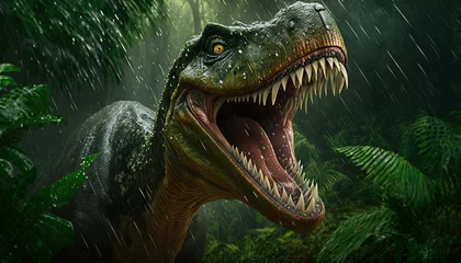 Foto op Plexiglas Carnivorous dinosaur in a rainforest. Generative AI © Denniro