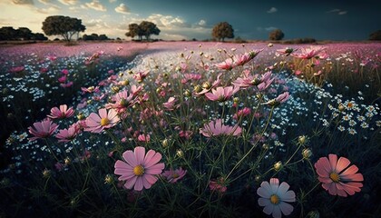  a field full of pink and white flowers under a blue sky with trees in the background and a field of blue and white flowers in the foreground.  generative ai