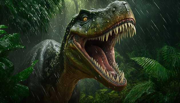 Carnivorous dinosaur in a rainforest. Generative AI