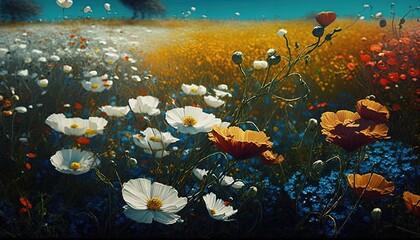 a painting of a field full of flowers and a bird in the distance with a blue sky in the background and a field of yellow grass and white flowers in the foreground.  generative ai
