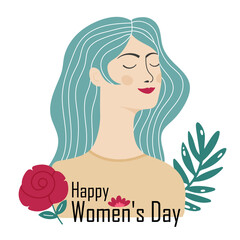 International Women's Day. Vector greeting card. March, 8. Girl with long hair on a white background