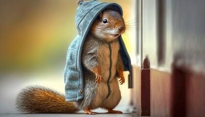  a squirrel wearing a hoodie and standing on its hind legs in front of a door with a towel on it's back end.  generative ai