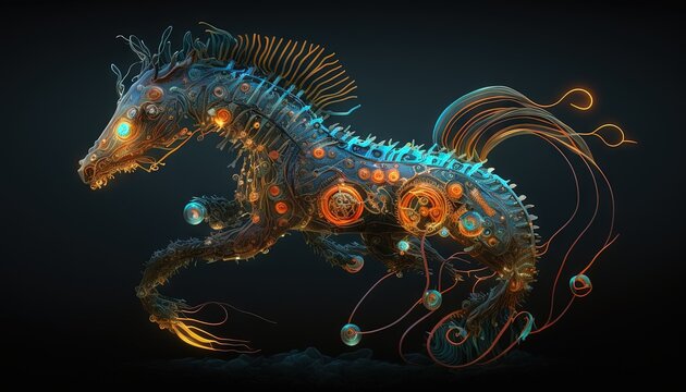  a computer generated image of a sea horse with glowing lights on its body and tail, with a black background and a black background with a black background.  generative ai