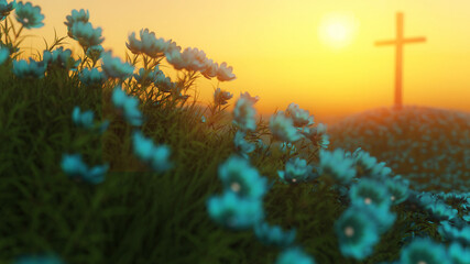 A single cross in a beautiful meadow of blue wildflowers. - 571356594