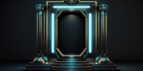 Fototapeta premium a black backdrop with abstract styling. A blank stage, podium, or display can be used to showcase a product in a futuristic cyberpunk fantasy frame gateway. A hologram with a bright aura. Generative