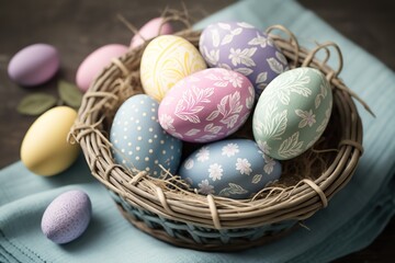 Cute decorated pastel Easter Eggs in wicker basket, Generative AI
