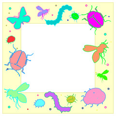 Fototapeta na wymiar Insects, vector illustration. Butterfly, caterpillar, dragonfly, cricket, beetle, frog, bee, bumblebee, ladybug, bright colored multicolored