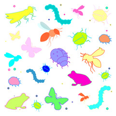 Insects, vector illustration. Butterfly, caterpillar, dragonfly, cricket, beetle, frog, bee, bumblebee, ladybug, bright colored multicolored