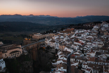Fototapeta na wymiar Ronda city sunset, Malaga province Andalusia Spain aerial drone photo 