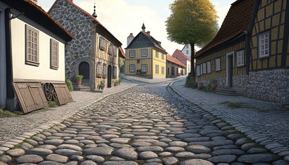 Fototapeta premium a cobblestone street with a cobblestone cobblestone road between two buildings and a cobblestone sidewalk with cobblestones on both sides. generative ai