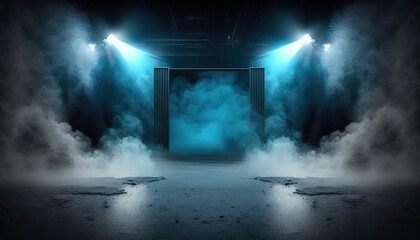 Fototapeta na wymiar blue, spotlights shine on stage floor in dark room, idea for background, backdrop, mock up, Generative Ai 