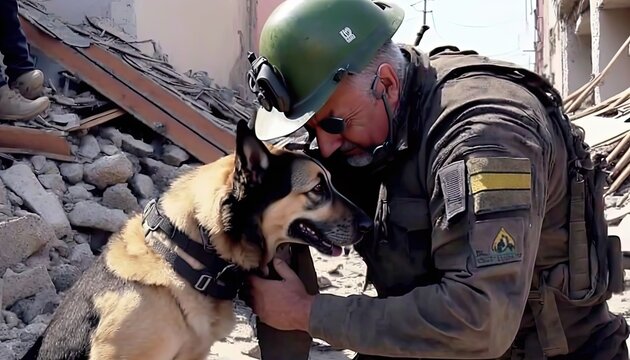 rescue team with K9 dog helping on collapse building area, idea for support Turkey, Syria earthquake disaster, Generative Ai not real people