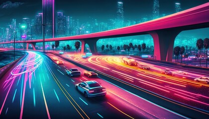  a painting of a highway with neon lights and a city skyline in the background with skyscrapers in the distance and cars driving on the road.  generative ai