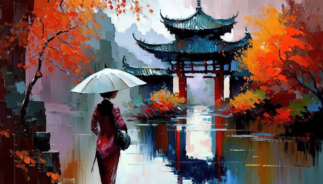 paint like illustration of ancient Asian town view with people walking at riverside landscape , Generative Ai