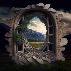 stone ,window,fantasy interior house home amazing view landscape ajar open room nature mountains rocks stone Generative AI 