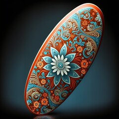 surfboard, classic design,, many patterns water sea shark blue golden flowers design style waves Generative AI