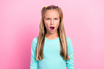 Closeup photo of young pretty cute small schoolgirl wear blue pullover angry unexpected reaction...