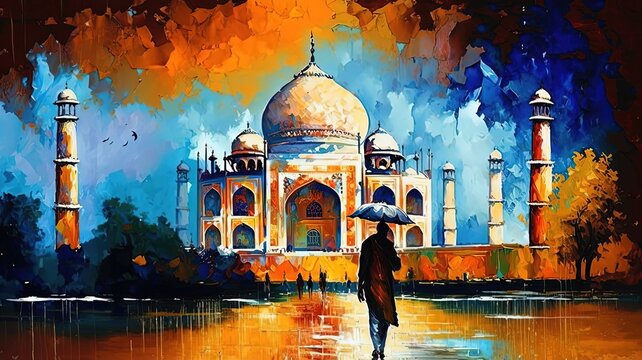 paint like illustration of Indian landscape inspired from  Taj Mahal,  Generative Ai