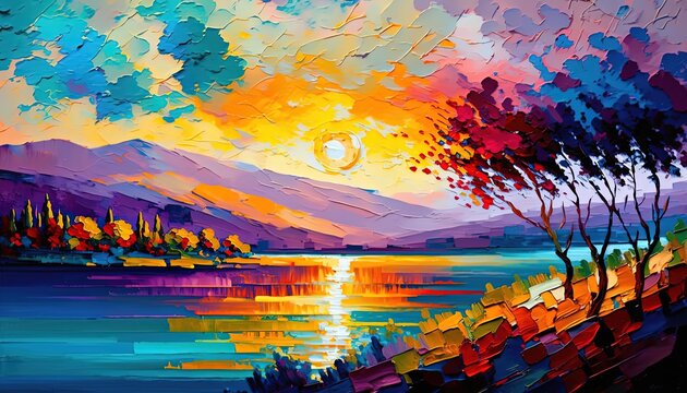 paint like illustration of beautiful landscape of lake with nature background during golden hour with sunlight reflected on water surface, Generative Ai