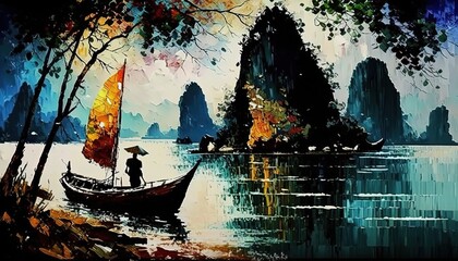 paint like illustration of beautiful tropical Asian island landscape, fishing boat in sea , Generative Ai