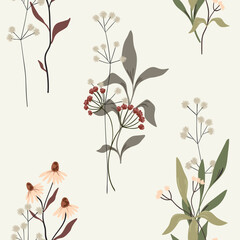 Seamless pattern of wild flowers and herbs in vintage style. Beautiful botanical print with hand drawn plants: small flowers, large leaves, twigs in bunches on a light background. Vector illustration.