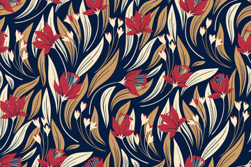 Seamless floral pattern with hand drawn botany in vintage style. Decorative art botanical print with a simple design: small wild flowers, leaves on a dark background. Vector illustration.