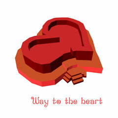 Way to the heart. Romantic holiday card. Vector illustration for Valentine's Day. Image of a three-dimensional heart with steps.