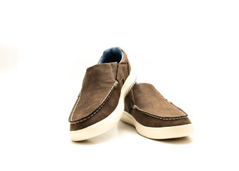 Top view brand new pair of brown double gore slip on shoe for men with memory foam insole isolated...