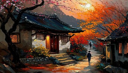 beautiful ancient Asian village small town with people walking on narrow road along with cherry blossom tree in spring time, Generative Ai
