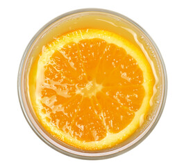 Fototapeta na wymiar Orange juice in glass cup with slice of orange isolated on white, top view
