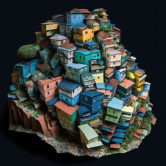 Favela comunidade, barracos amontoados no morro do rio de janeiro, mini cidade, pequena comunidade, cidade brasileira, casas coloridas na montanha GENERATIVE AI